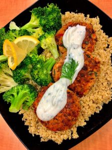 Salmon Cakes with Tahini Slaw